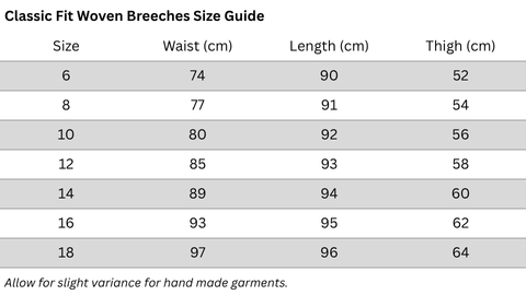 Delzani classic fit breeches and riding tights size chart with waist, thigh and total length measurements