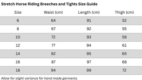 Delzani riding breeches and tights size chart with waist, thigh and total length measurements